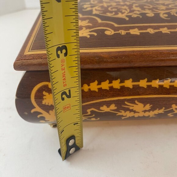 Vintage Wooden Inlaid Music Jewelry Box Ornate Floral Design Red Velvet MCM - Picture 12 of 12